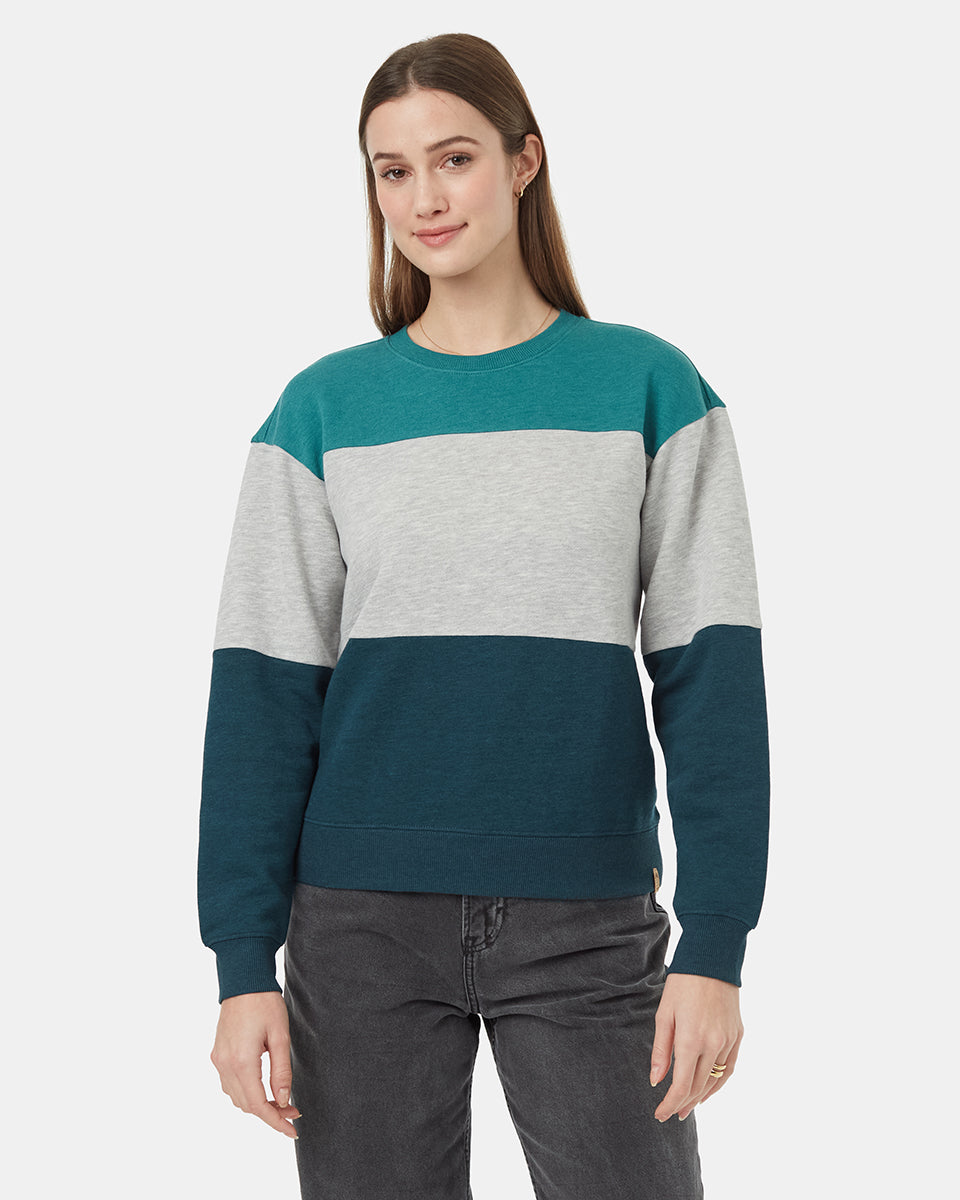 Tentree Women's Treefleece Blocked Crew - North Sea Grey Heather Reflecting Pond