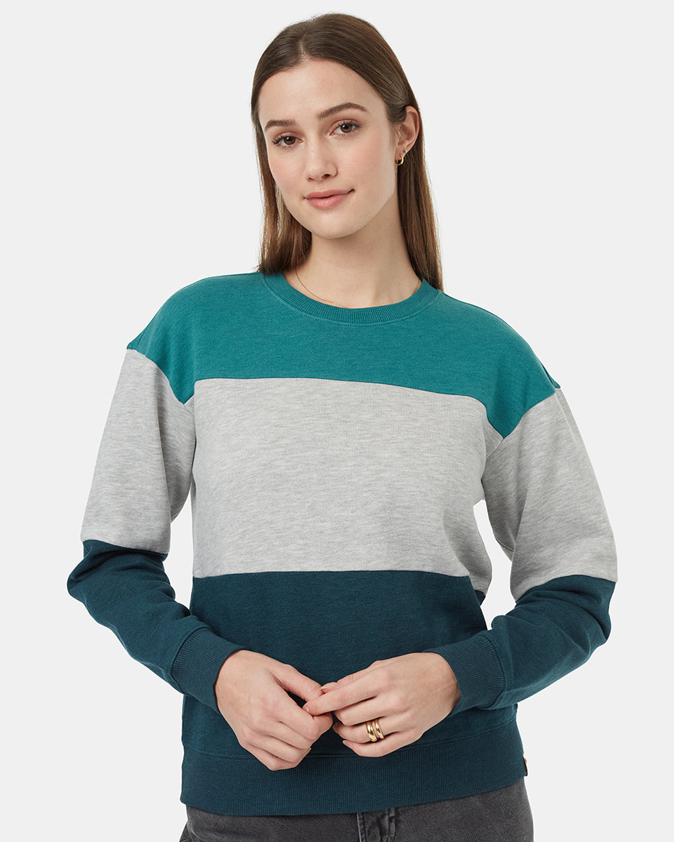Tentree Women's Treefleece Blocked Crew - North Sea Grey Heather Reflecting Pond