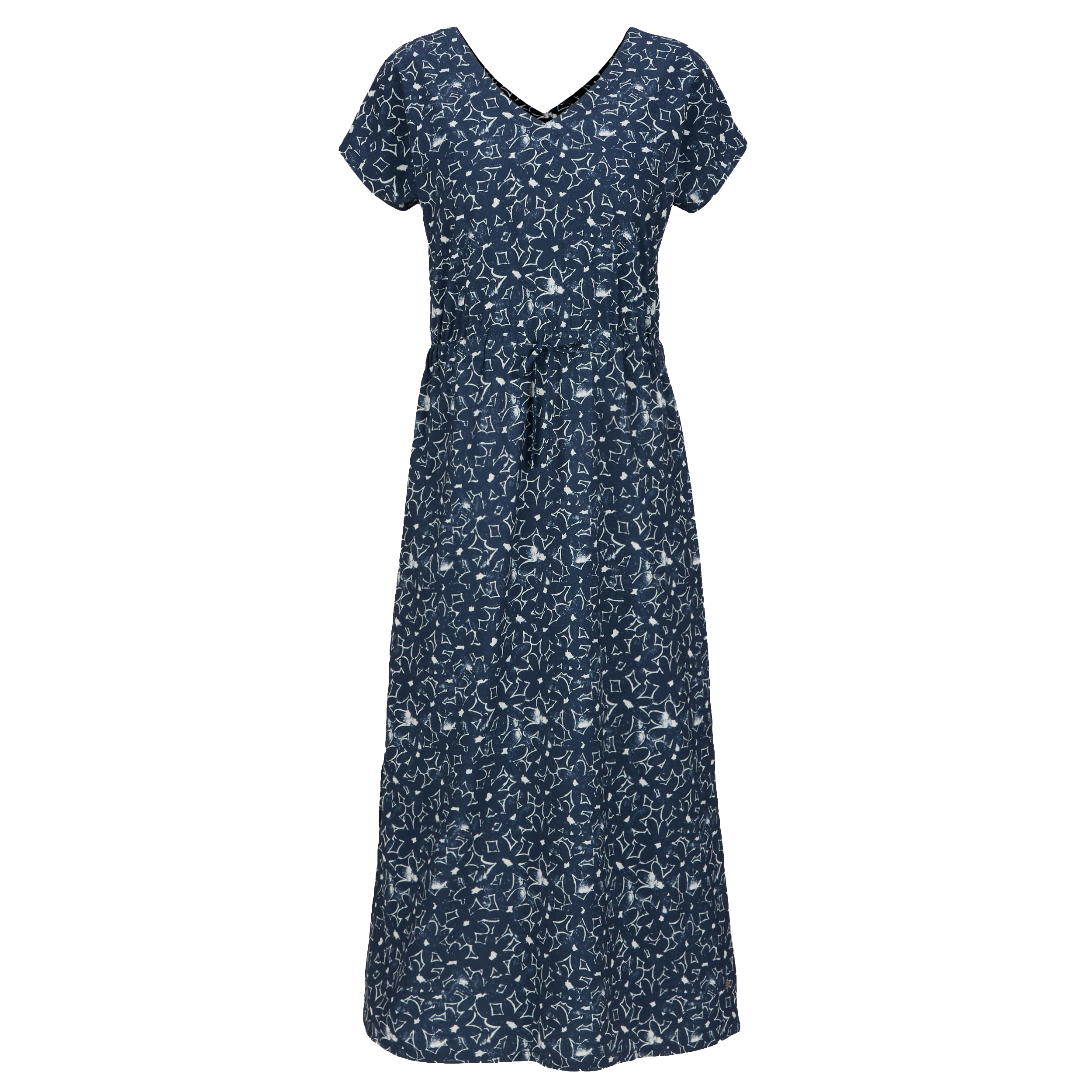 Royal Robbins Spotless Midi Dress in dark patterned fabric with short sleeves, front view