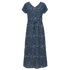 Royal Robbins Spotless Midi Dress in dark patterned fabric with short sleeves, front view