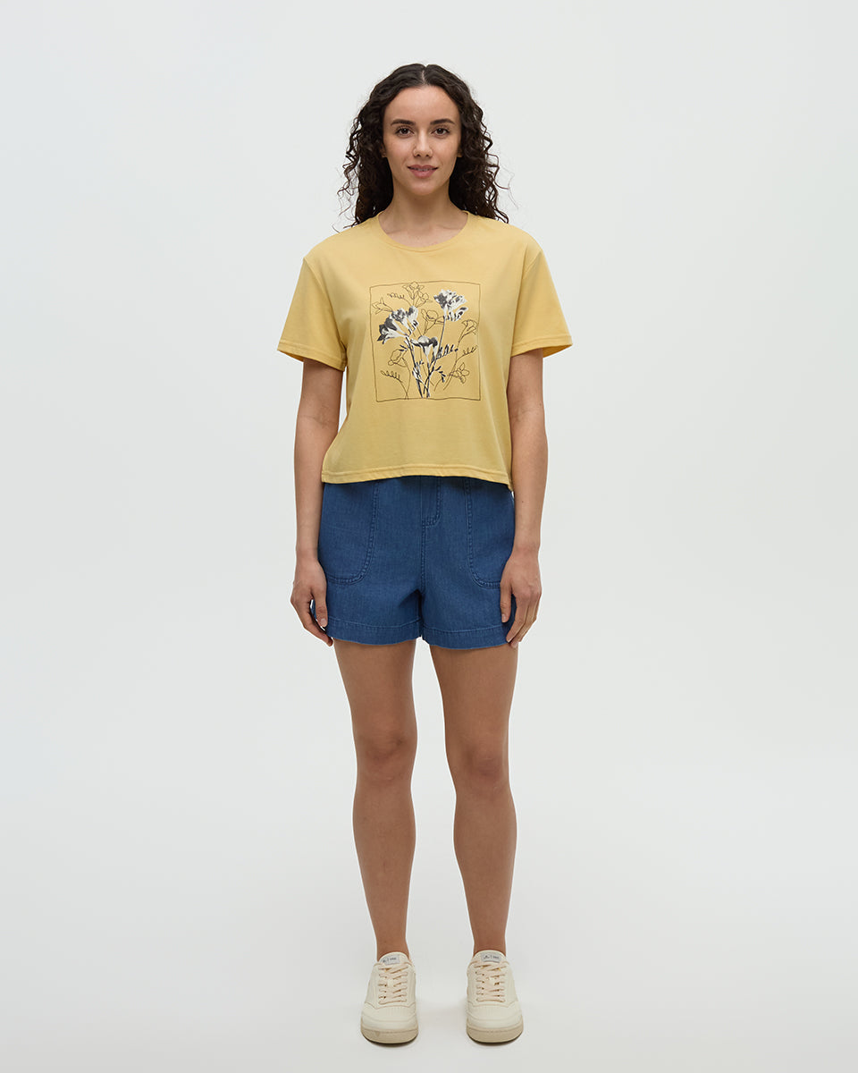 Tentree Women's Floral Crop T-Shirt - Dusk Yellow Meteorite Black