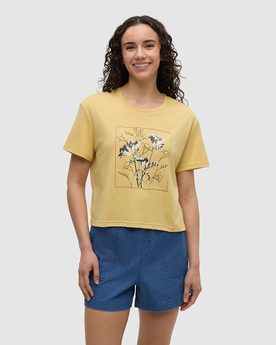Tentree Women's Floral Crop T-Shirt - Dusk Yellow Meteorite Black