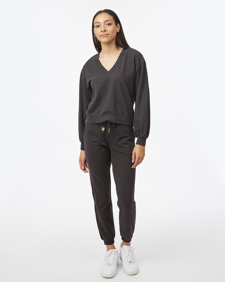 Tentree Women's French Terry V-Neck Balloon Sleeve - Meteorite Black