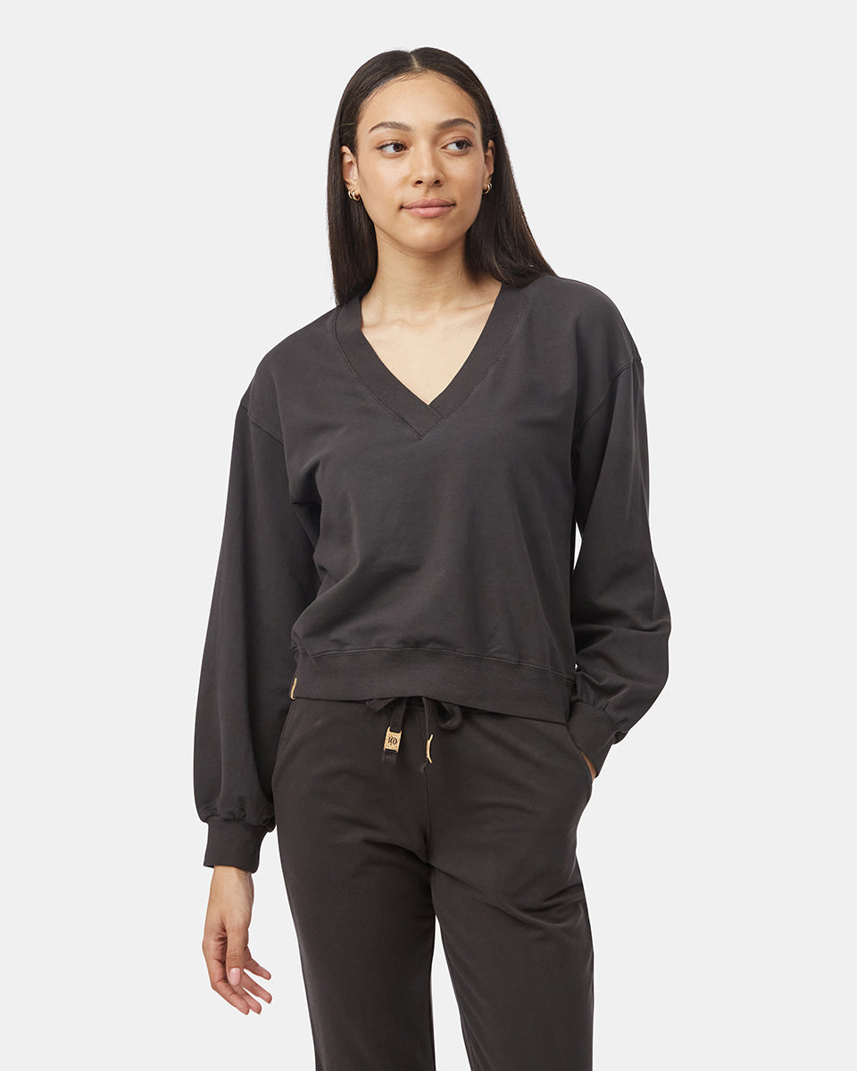 Tentree Women's French Terry V-Neck Balloon Sleeve - Meteorite Black