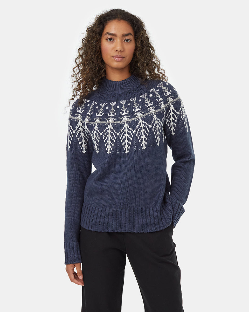 Tentree Women's Highline Wool Intarsia Sweater - Dress Blue Oatmeal