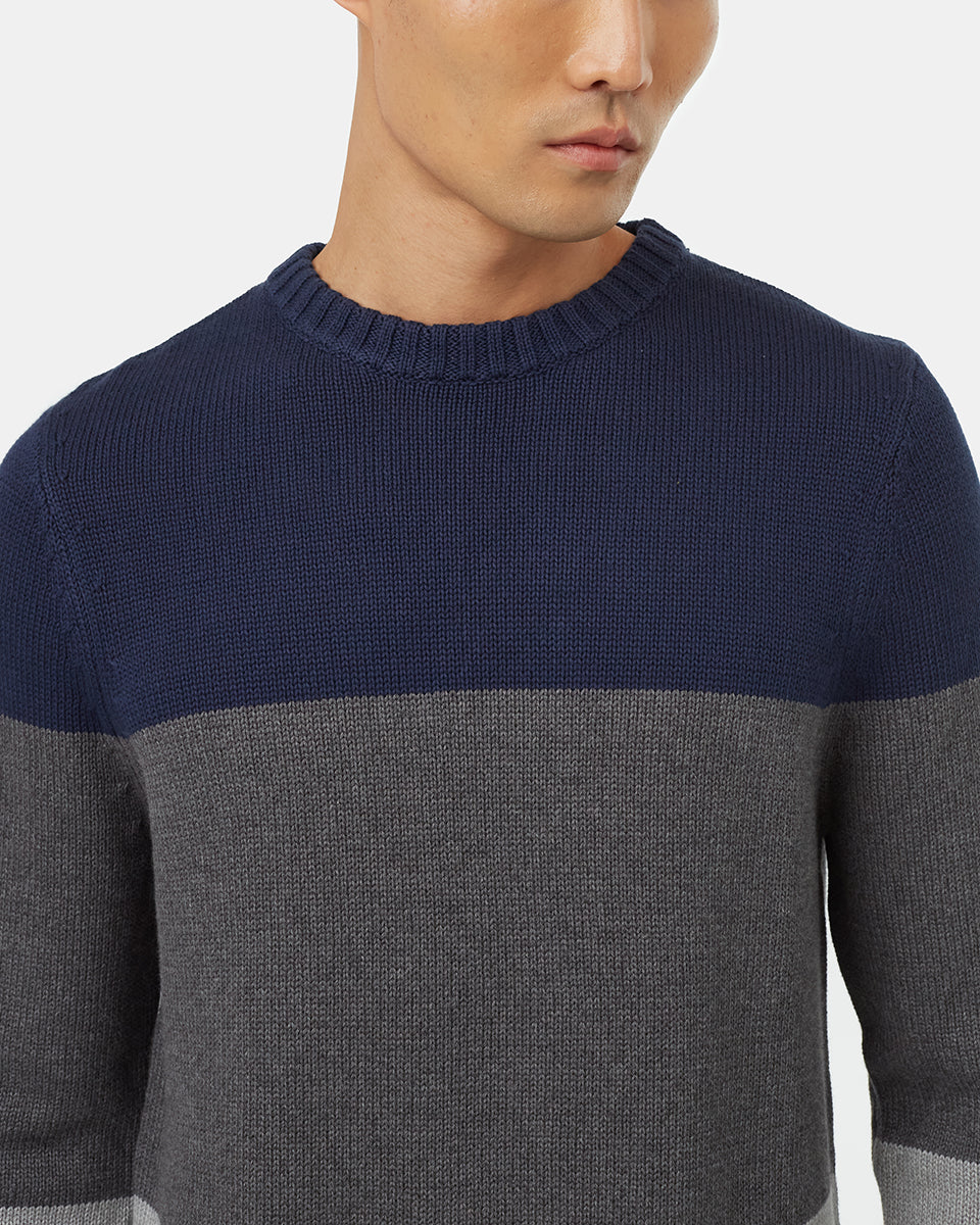 Tentree Men's Highline Blocked Crew Sweater - Dress Blue Dark Grey Heather Grey Heather