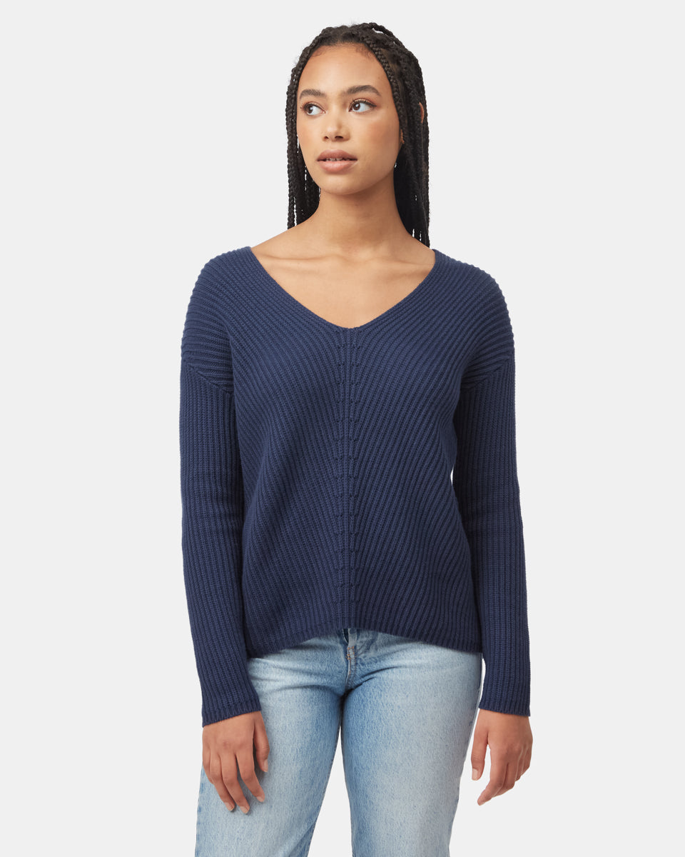 Tentree Women's Highline V-Neck Sweater - Dress Blue