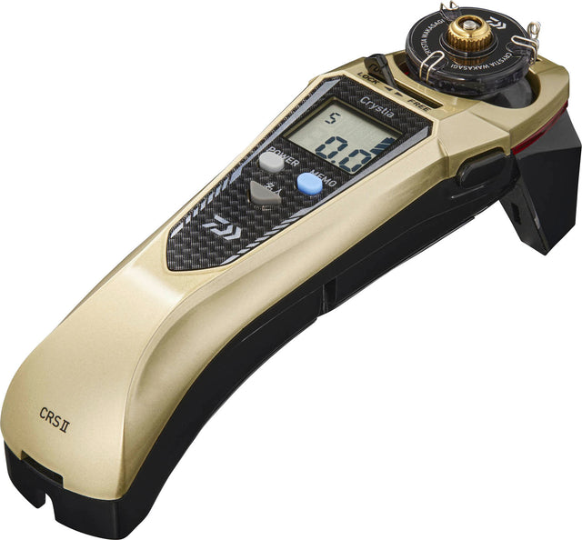 Daiwa Crystia Wakasagi CRS II electric reel in Champagne Gold with digital counter and top spool