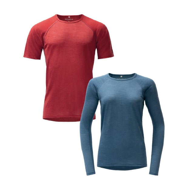 Devold Endurance Merino Mesh 120 tee in red and long-sleeve shirt in blue