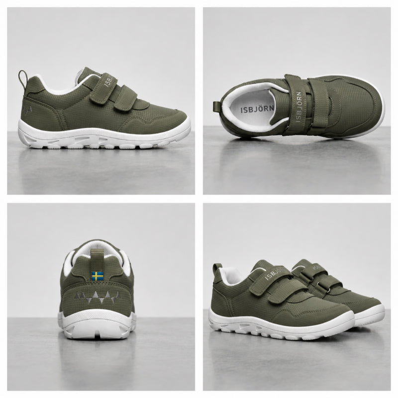 Isbjörn FOXY AllWeather Low green sneakers showing side, top, heel and pair views