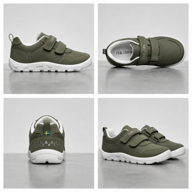 Isbjörn FOXY AllWeather Low green sneakers showing side, top, heel and pair views
