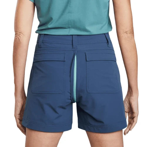 Rear view of a person wearing blue utility shorts with a light blue-green center seam and a matching top, shown against a plain white background.