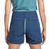 Rear view of a person wearing blue utility shorts with a light blue-green center seam and a matching top, shown against a plain white background.