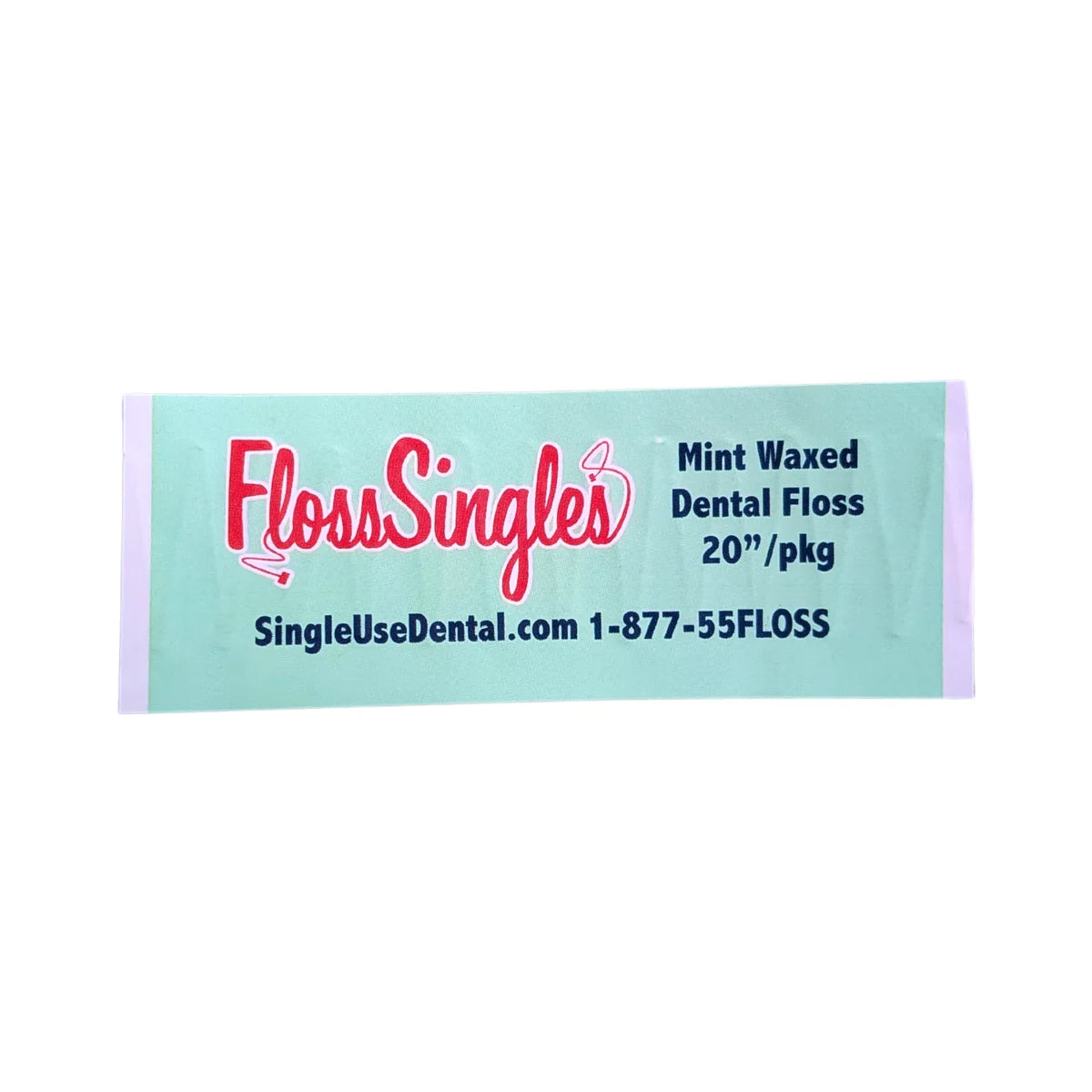 A mint green and white single-use packet of FlossSingles Mint Waxed Dental Floss, 20 inches long, on a plain white background.