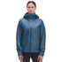 A woman wearing a slate blue hooded waterproof jacket with a full-front zipper and a small white geometric logo on the left chest, set against a plain white background.