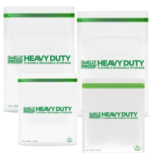 Four white heavy-duty reusable storage bags with green seals and green printed text reading 'SMELLY PROOF HEAVY DUTY FLEXIBLE REUSABLE STORAGE' on a white background.