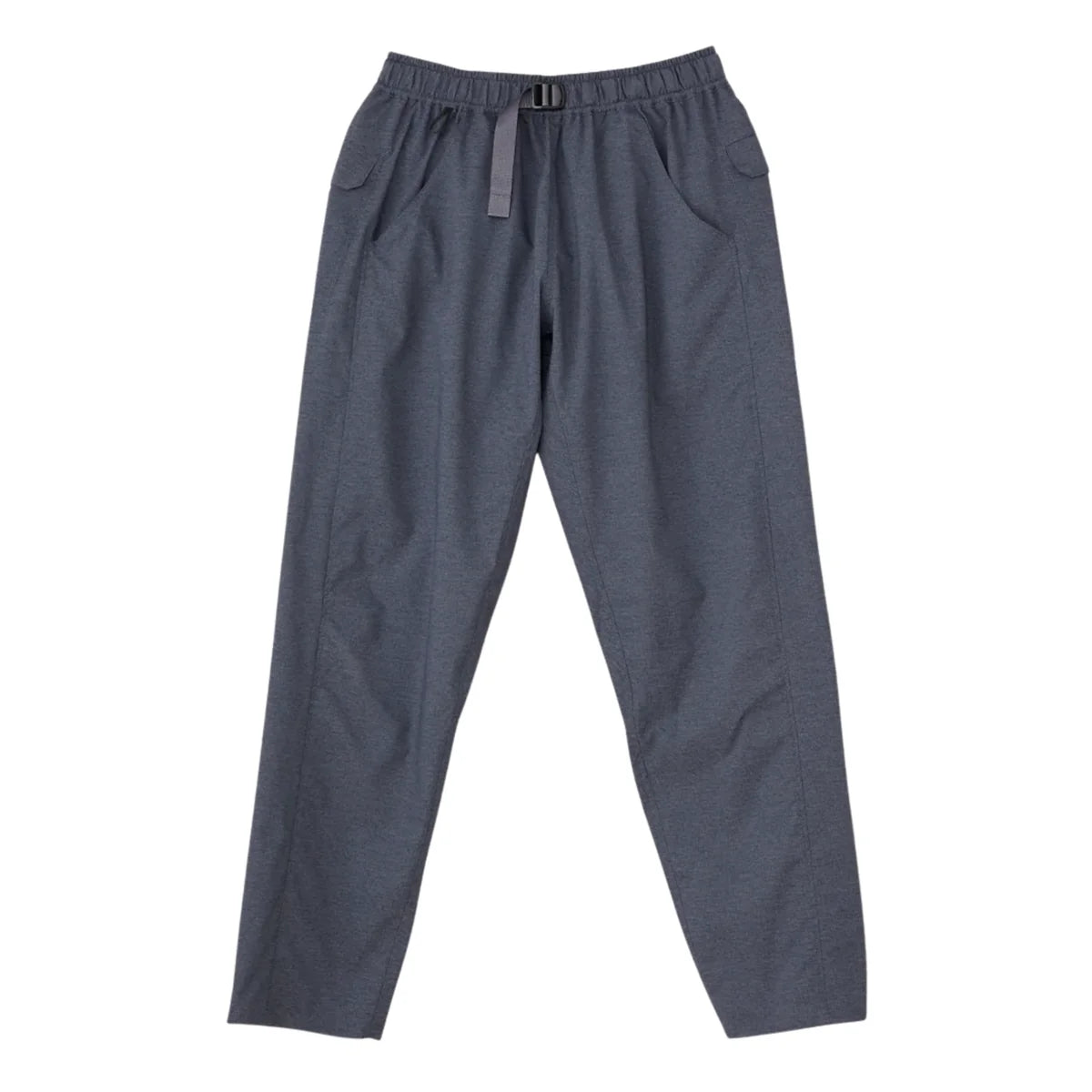 A pair of dark slate gray relaxed-fit pants with an elastic waistband, side pockets, and a small gray hanging tag, shown against a plain white background.