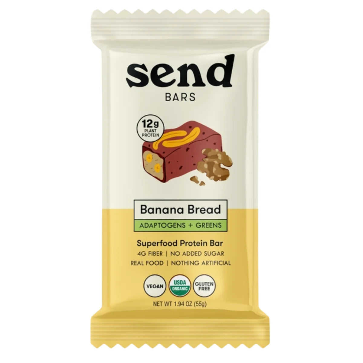 A single Send Bars Banana Bread protein bar in its retail packaging, shown against a plain white background.