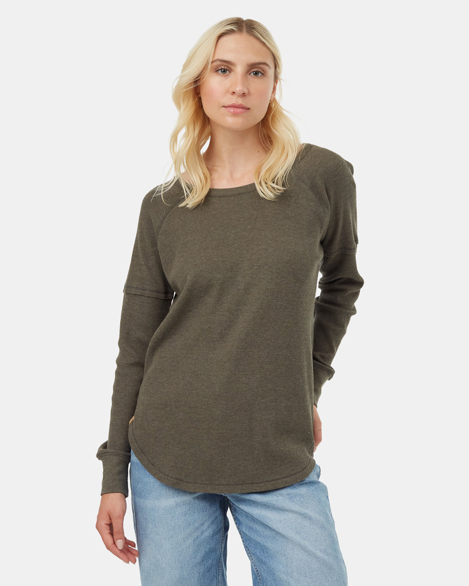 Tentree Women's TreeWaffle Crew Longsleeve - Black Olive Green Heather