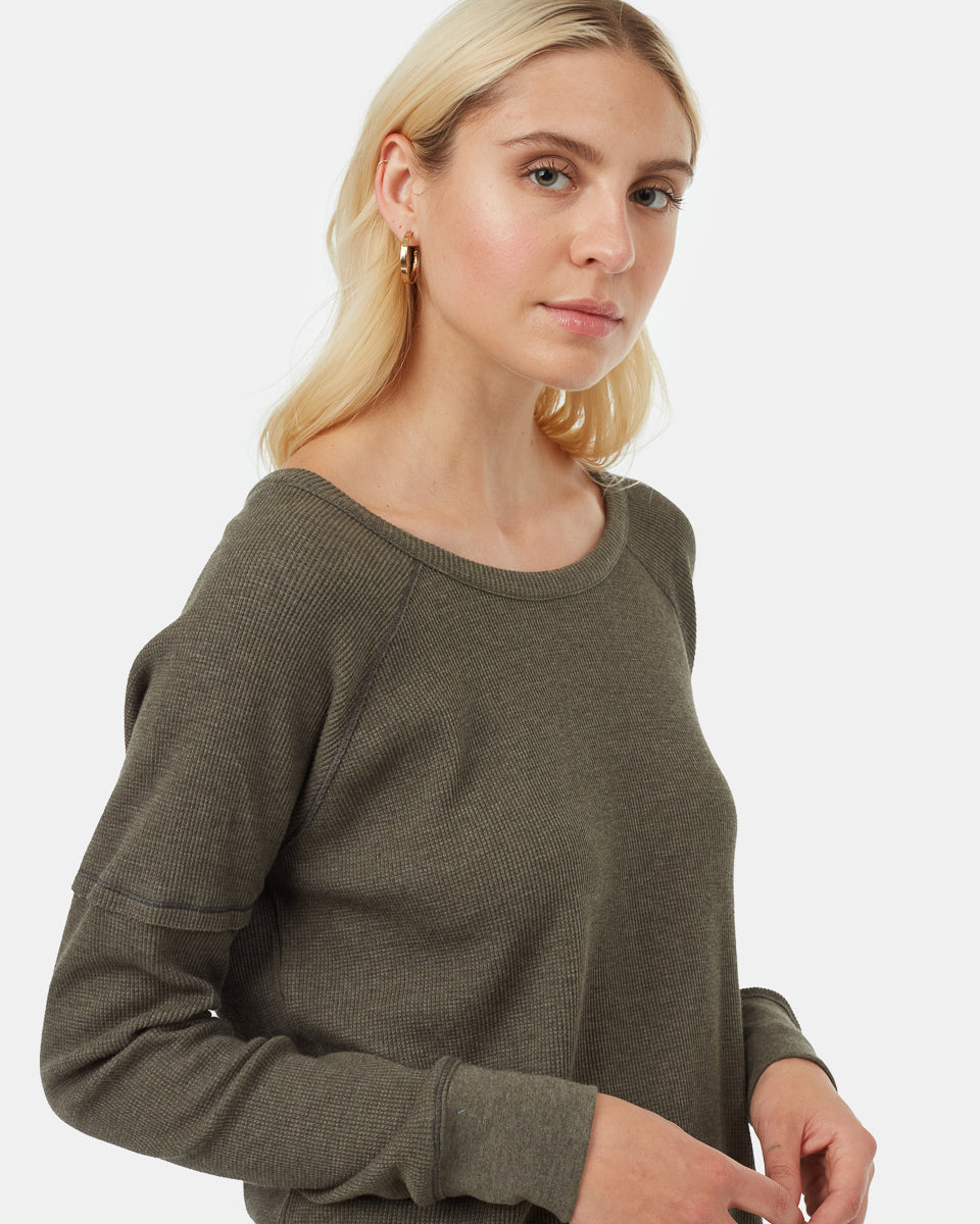 Tentree Women's TreeWaffle Crew Longsleeve - Black Olive Green Heather