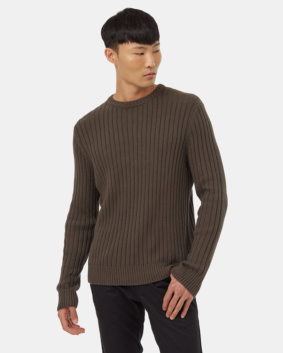 Tentree Men's Highline Cotton Wide Rib Crew - Black Olive Green