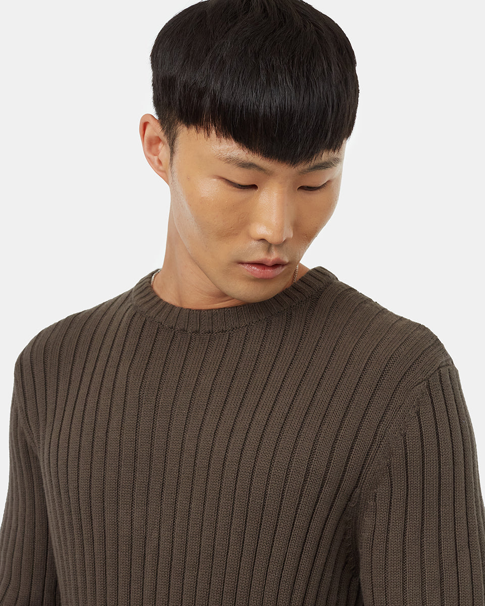 Tentree Men's Highline Cotton Wide Rib Crew - Black Olive Green