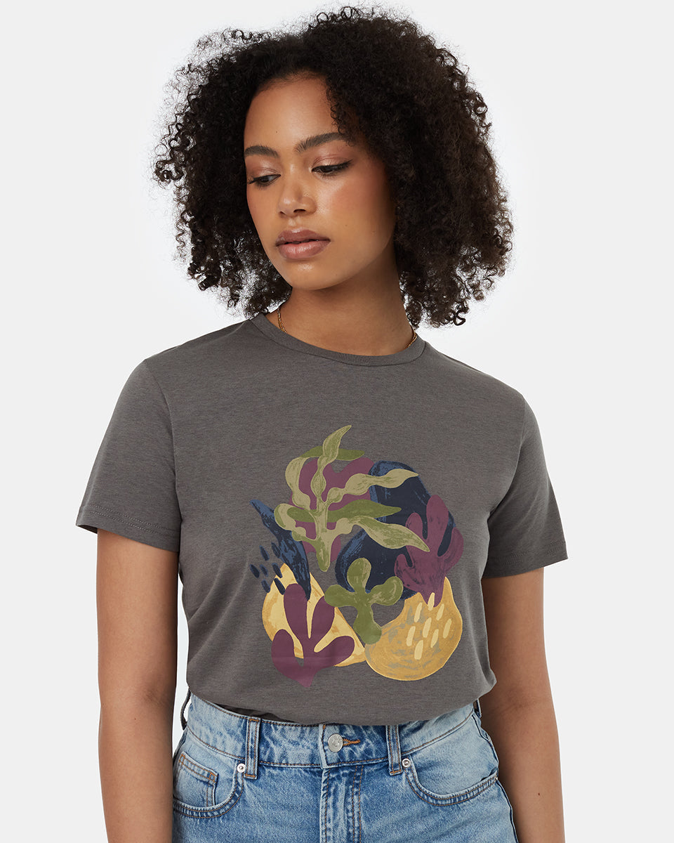 Tentree Women's Painterly Kelp T-Shirt - Granite Grey Plum Wine