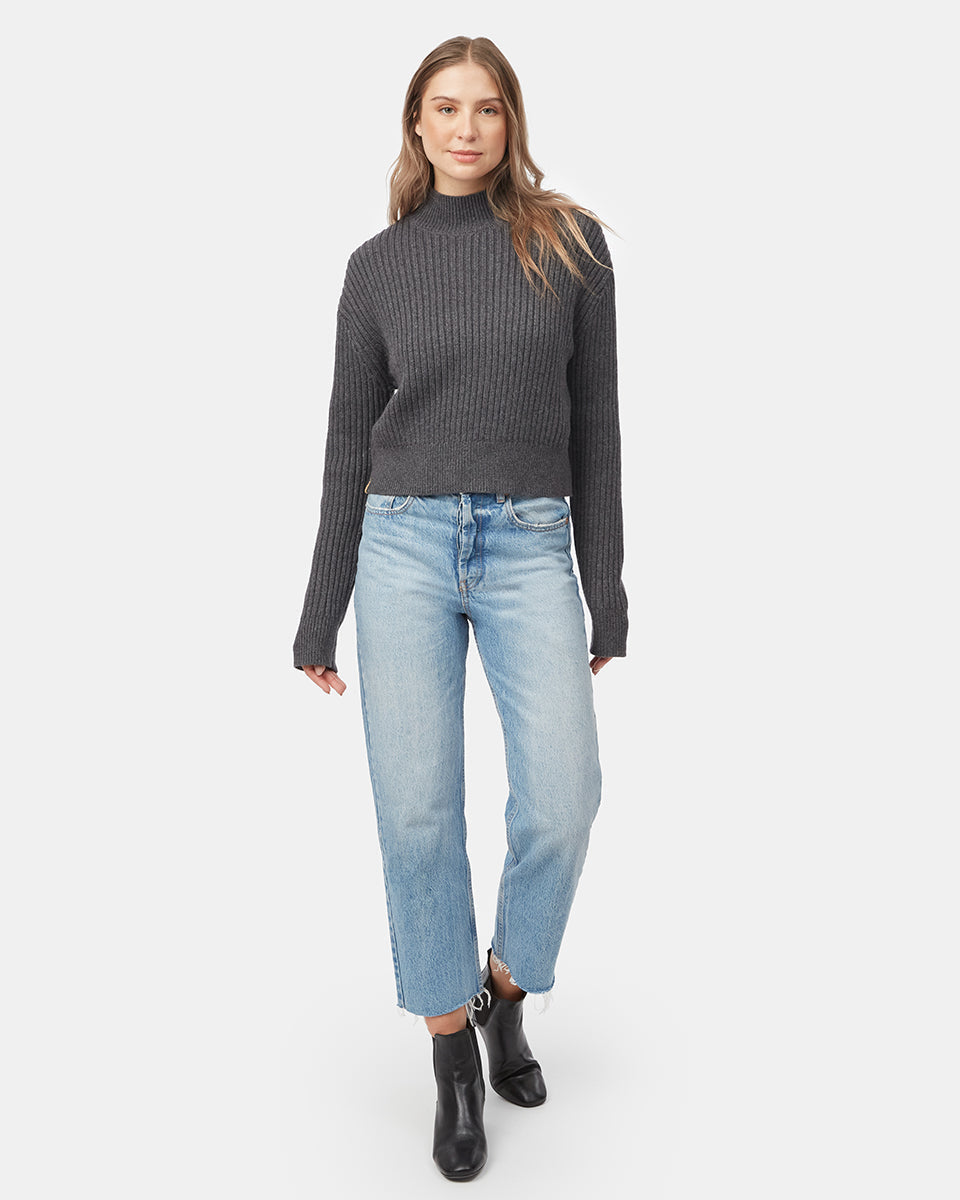 Tentree Women's Highline Rib Cropped Mock Neck - Dark Grey Heather