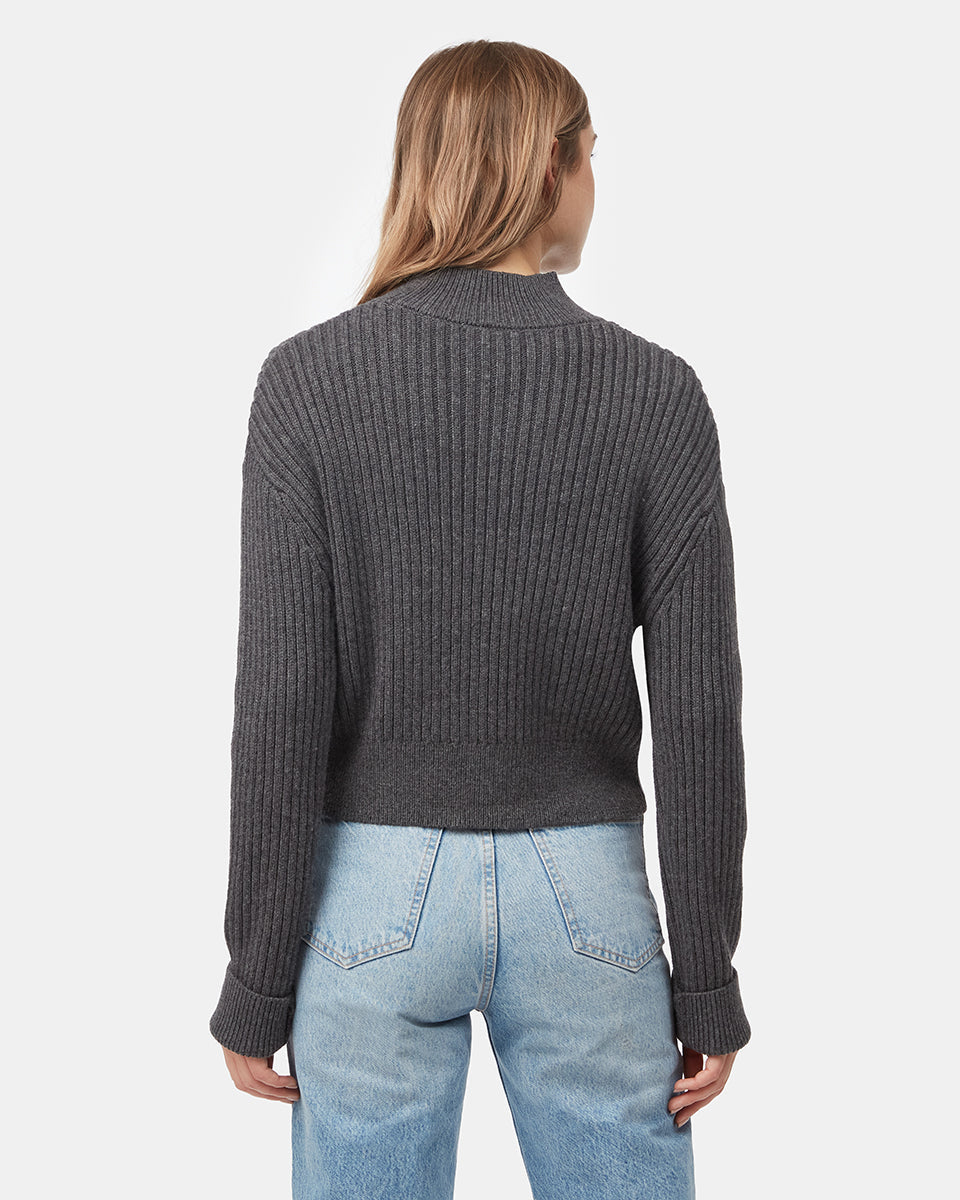 Tentree Women's Highline Rib Cropped Mock Neck - Dark Grey Heather