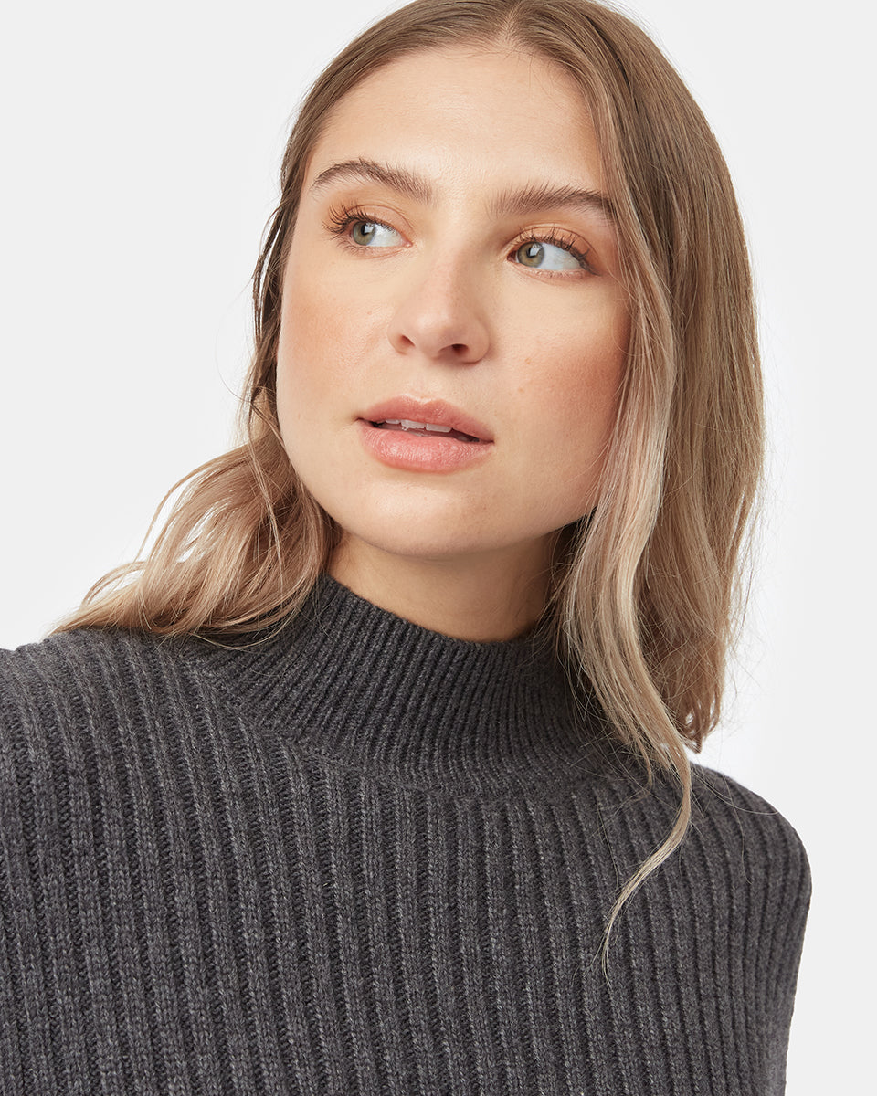 Tentree Women's Highline Rib Cropped Mock Neck - Dark Grey Heather
