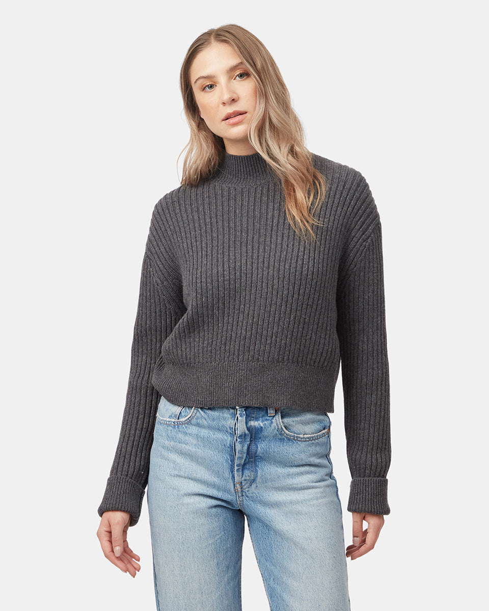 Tentree Women's Highline Rib Cropped Mock Neck - Dark Grey Heather
