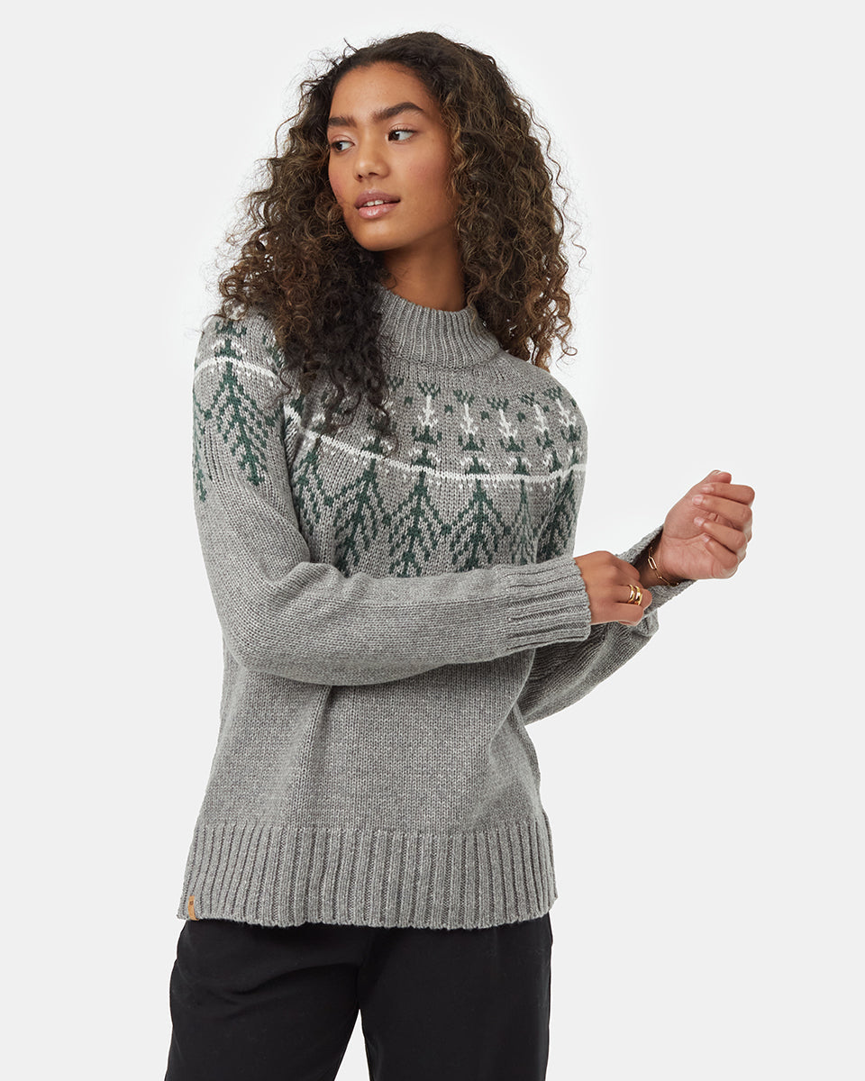 Tentree Women's Highline Wool Intarsia Sweater - Grey Heather Hunter Green
