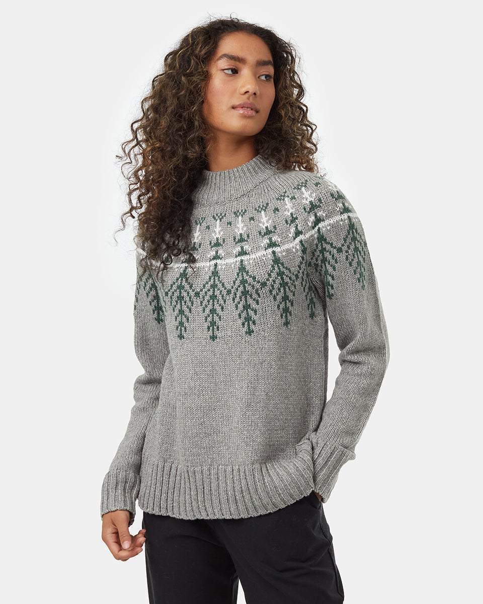 Tentree Women's Highline Wool Intarsia Sweater - Grey Heather Hunter Green