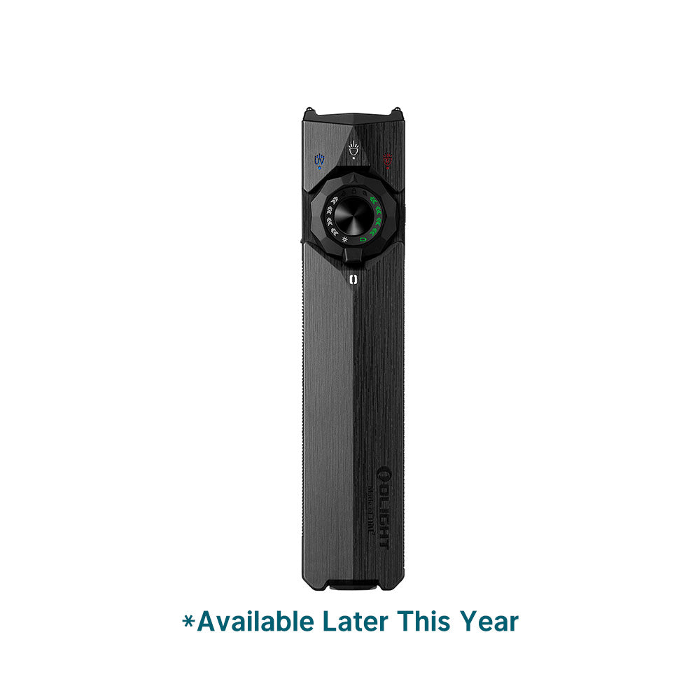 Olight ArkTac Ultra flat black flashlight with front selector and illuminated indicators