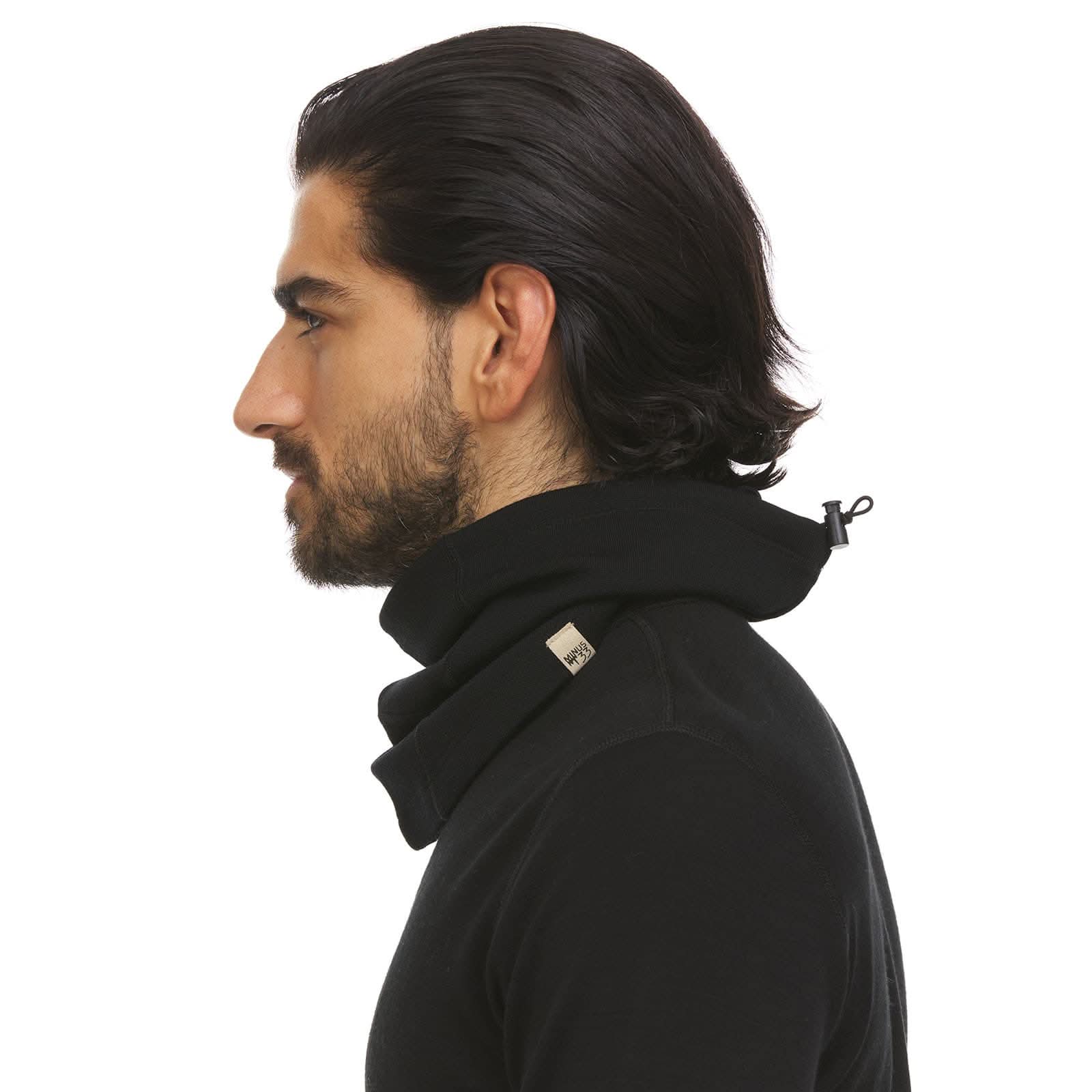 Expedition weight fleece lined neck gaiter, man wearing black neck gaiter, left-facing side view