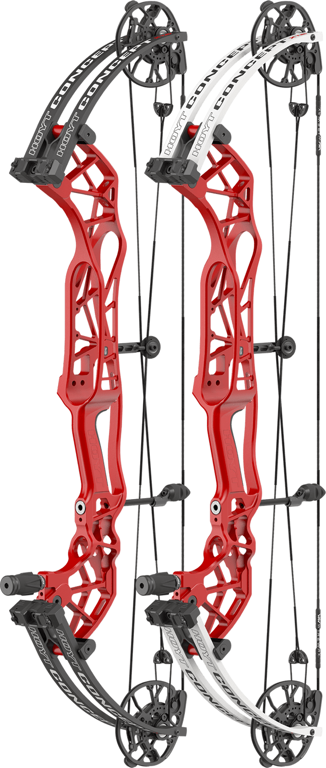 Hoyt Concept XTS 34 target bow in Red Flare with black and white limb finishes