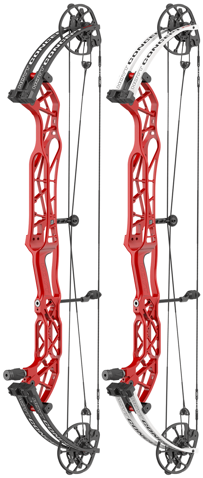 Hoyt Concept XTS 40 LD target bow in Red Flare, shown with black and white limb finishes