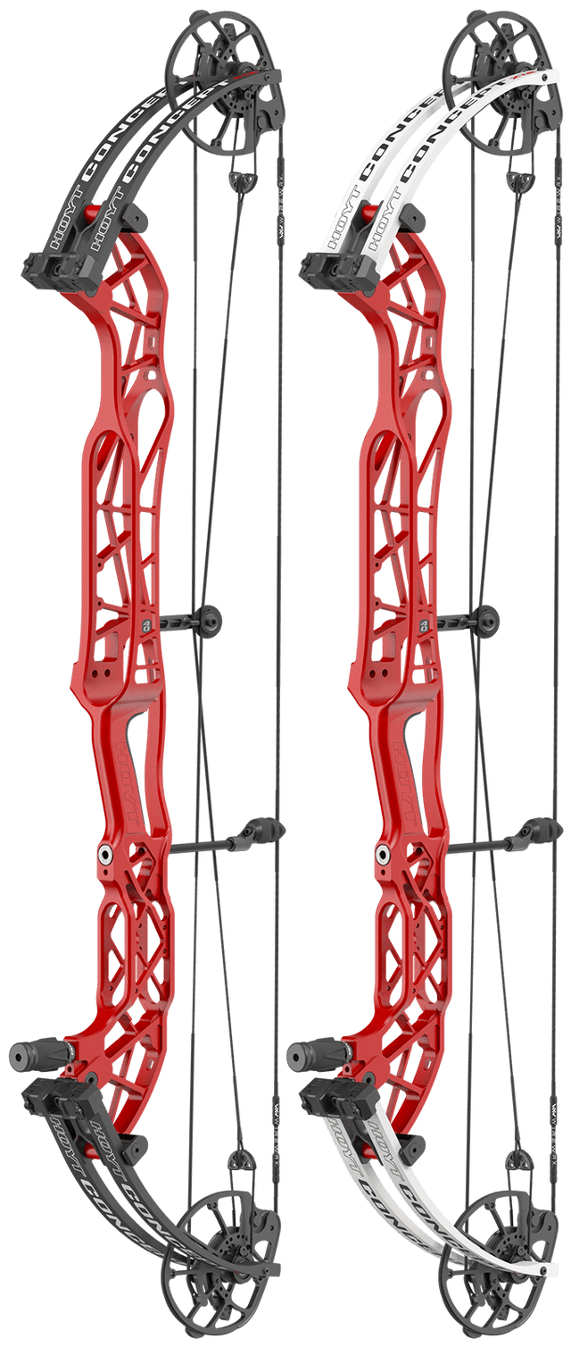 Hoyt Concept XTS 40 LD target bow in Red Flare, shown with black and white limb finishes