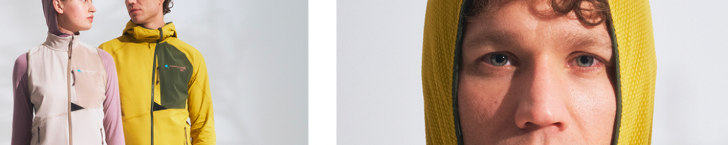 Klättermusen Lin Vest on the left and Lin Hood beside it, with a hood detail on the right