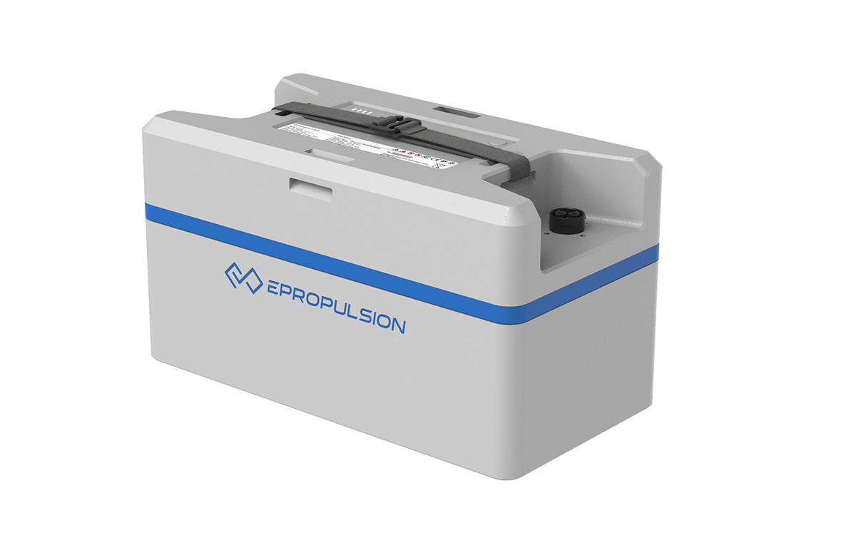 ePropulsion kMax marine battery with integrated carry strap, manufacturer preview