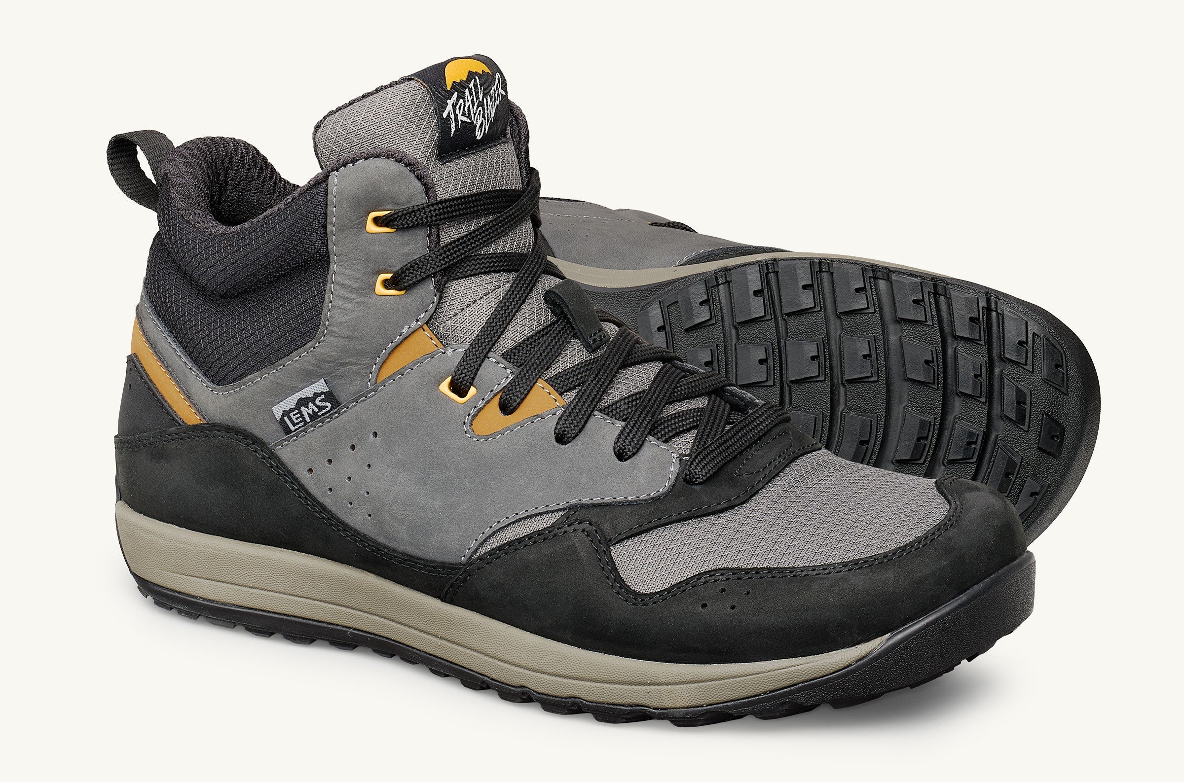 Lems Women's Trail Blazer Mid Waterproof in Knight Storm — pair and outsole view