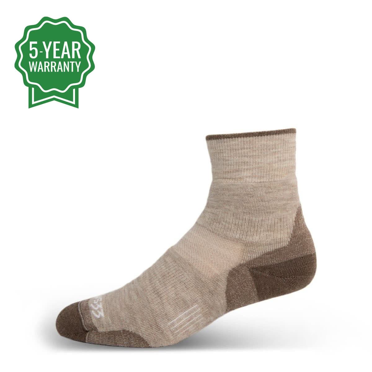 Flat side view of oatmeal lightweight merino wool mini crew hiking socks arranged on a white background, showing the ribbed cuffs, reinforced heels and toes, and contoured ankle-length shape