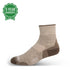 Flat side view of oatmeal lightweight merino wool mini crew hiking socks arranged on a white background, showing the ribbed cuffs, reinforced heels and toes, and contoured ankle-length shape