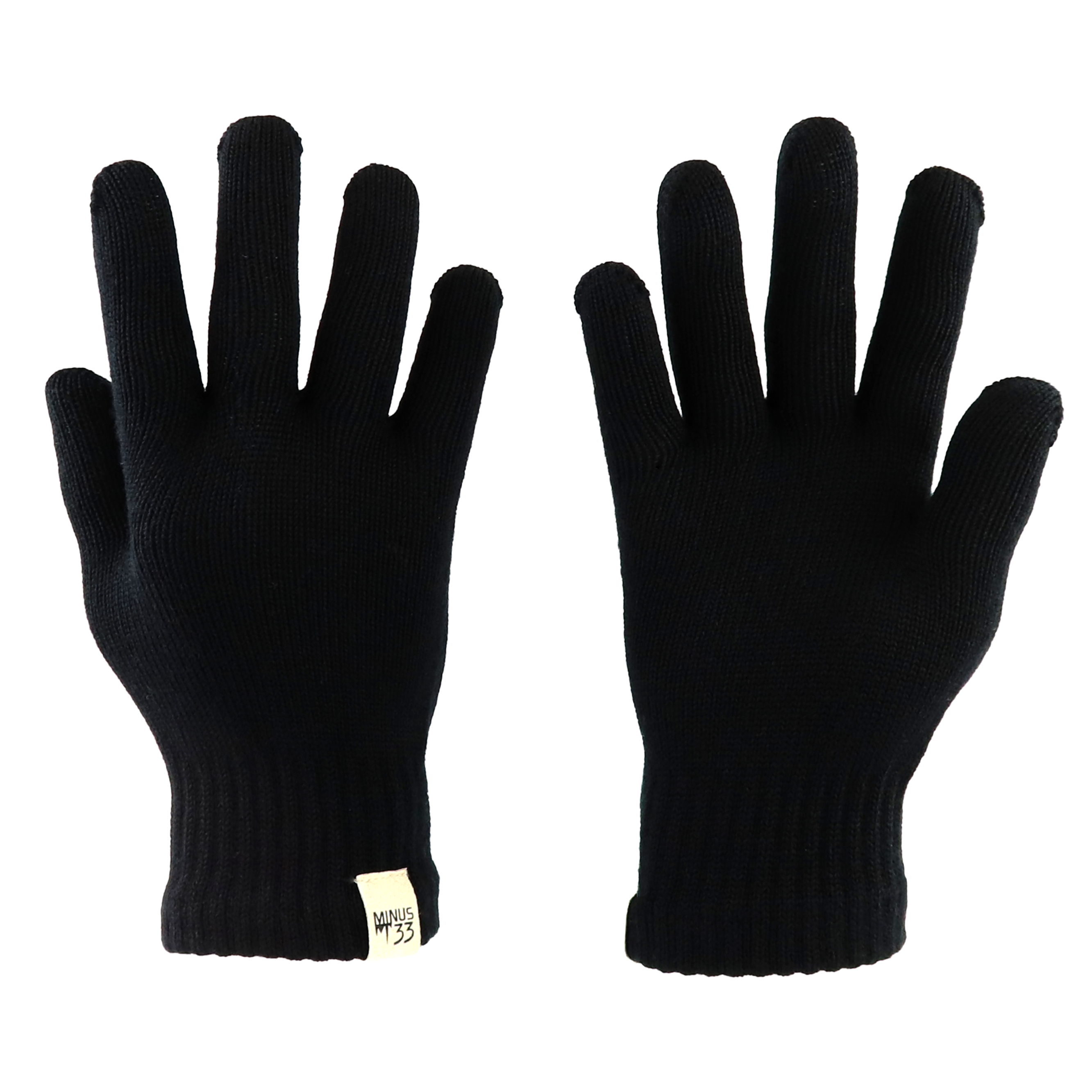 Pair of black lightweight merino glove liners displayed palm-forward on white