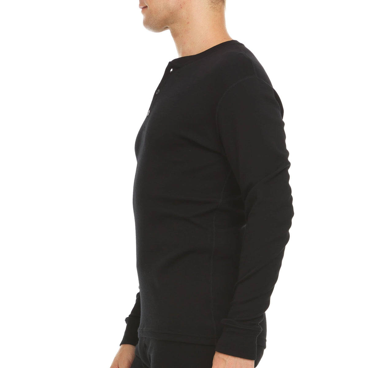 Midweight - Men's Long Sleeve Button Up 100% Merino Wool. Our best-selling Midweight fabric now as a long-sleeve henley. midlayer, left-facing side view