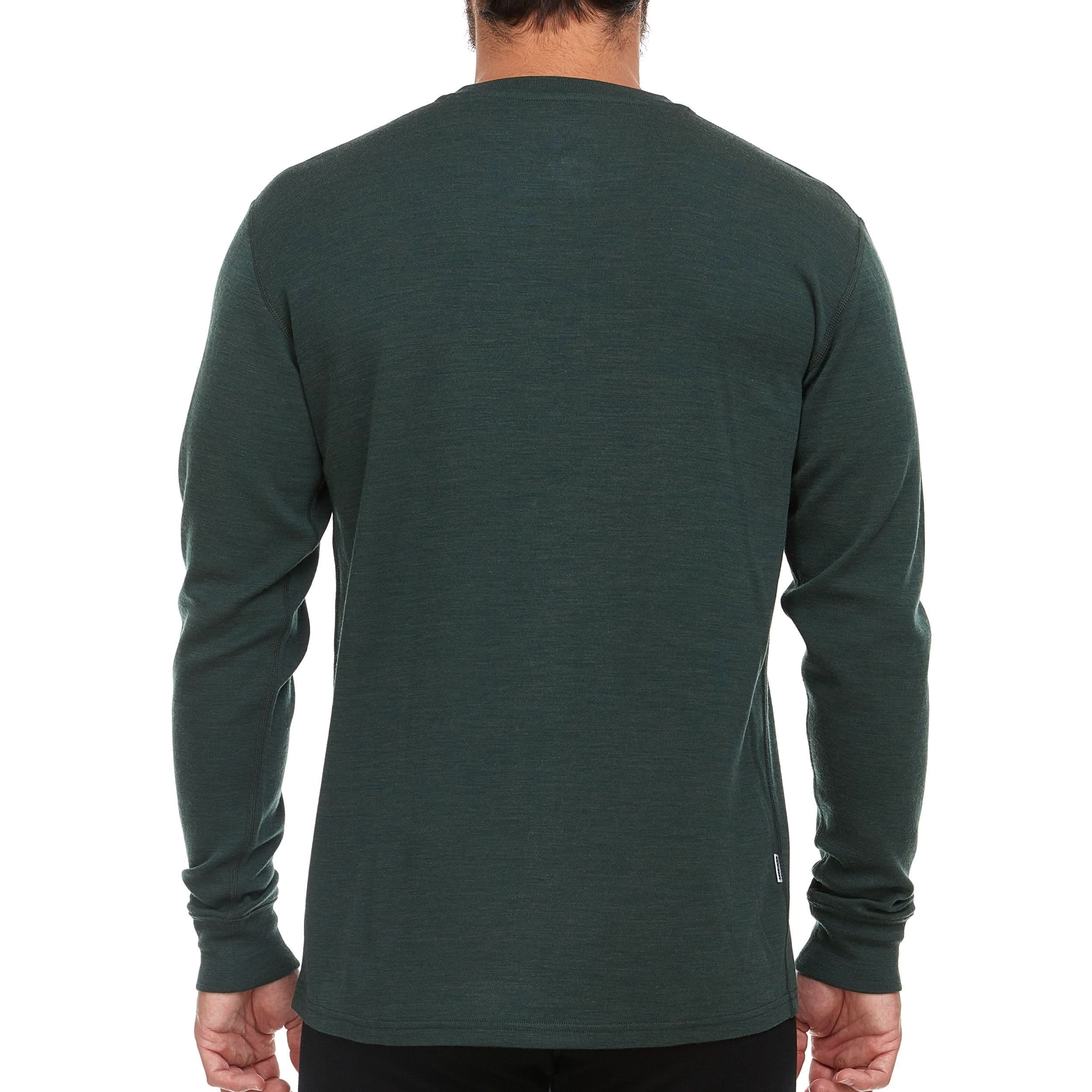 Back view of a man wearing a forest green midweight merino wool long-sleeve henley shirt, showing the smooth crew-neck back, straight shoulder seams, fitted cuffs, and rounded hip-length hem