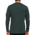 Back view of a man wearing a forest green midweight merino wool long-sleeve henley shirt, showing the smooth crew-neck back, straight shoulder seams, fitted cuffs, and rounded hip-length hem