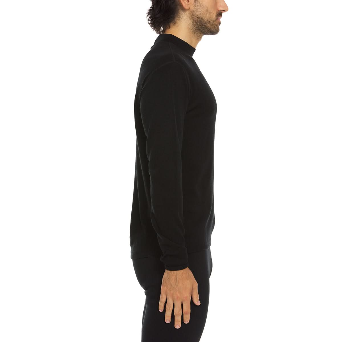 Back view of a black midweight merino wool mock neck top