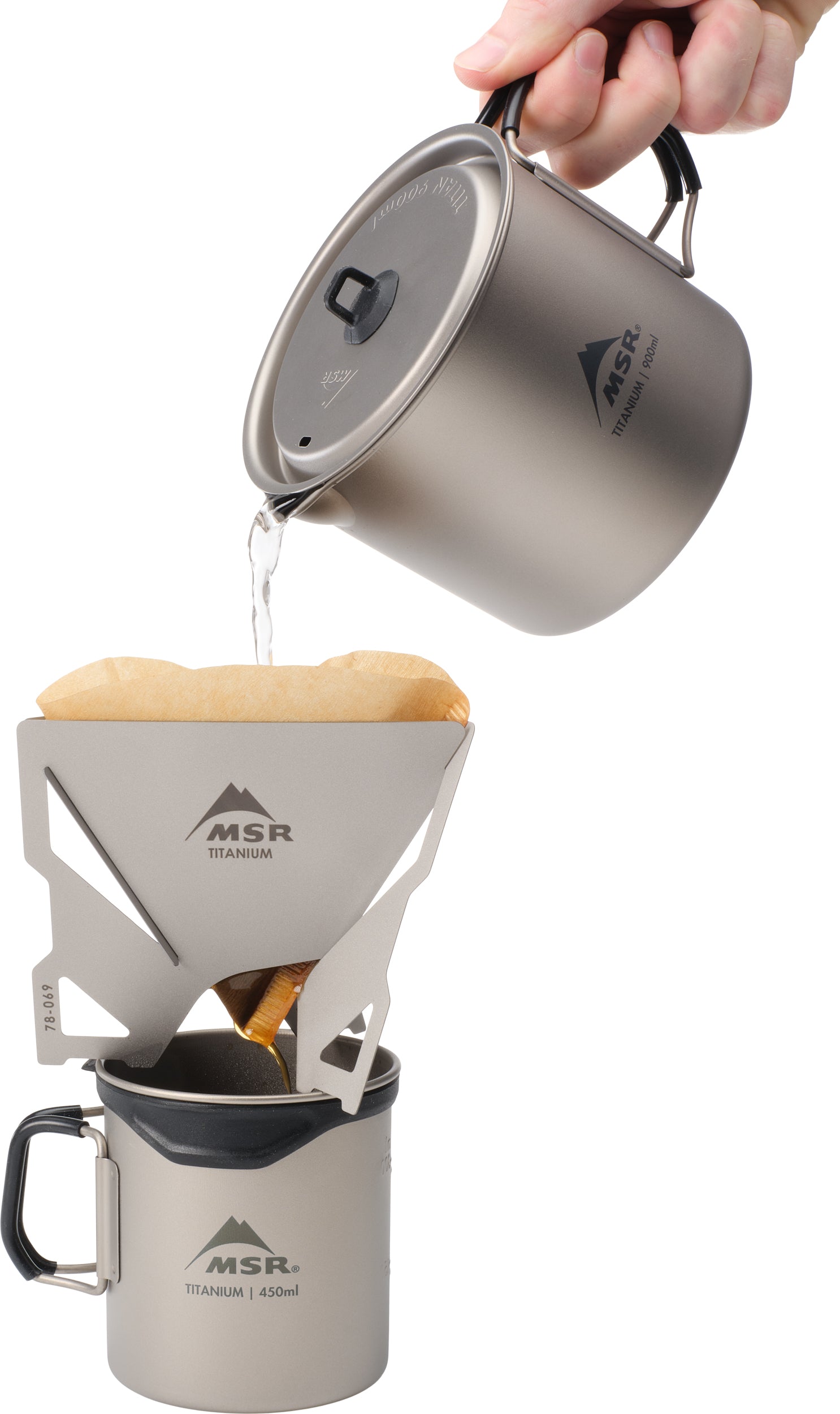 Titan Pour Over brewing above a mug, with a separate kettle shown