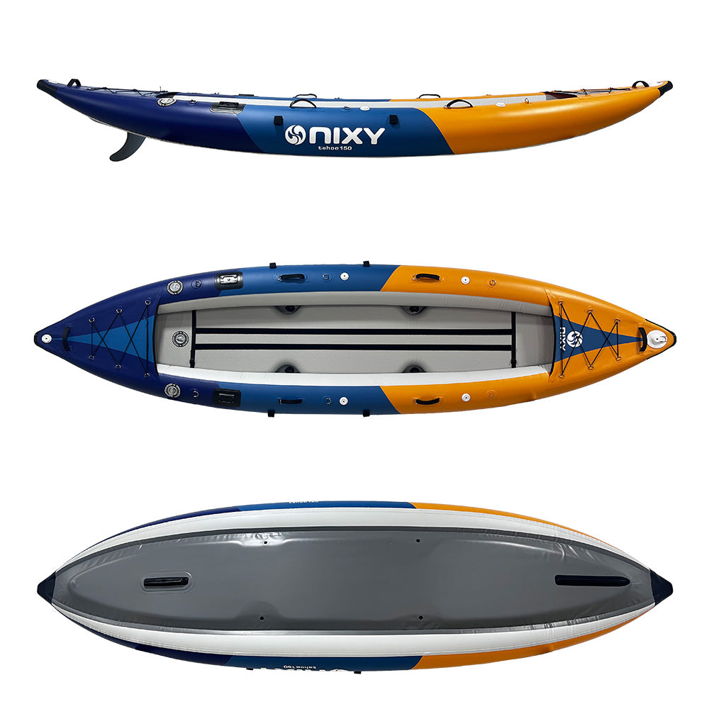 NIXY Tahoe 150 tandem inflatable kayak, top, side, and bottom views